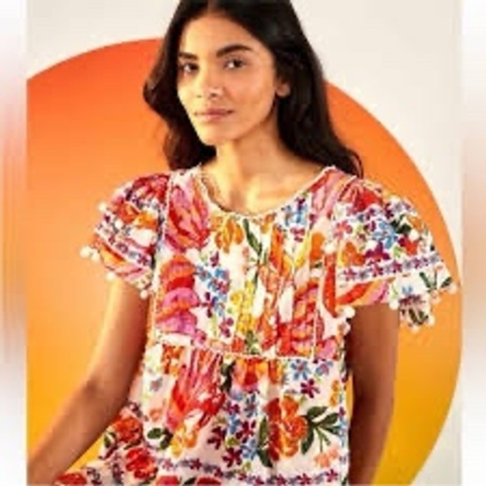 Farm Rio Floral Pom Pom Trim Swiss Dot Babydoll Blouse Multi Color Womens Large - Picture 7 of 7